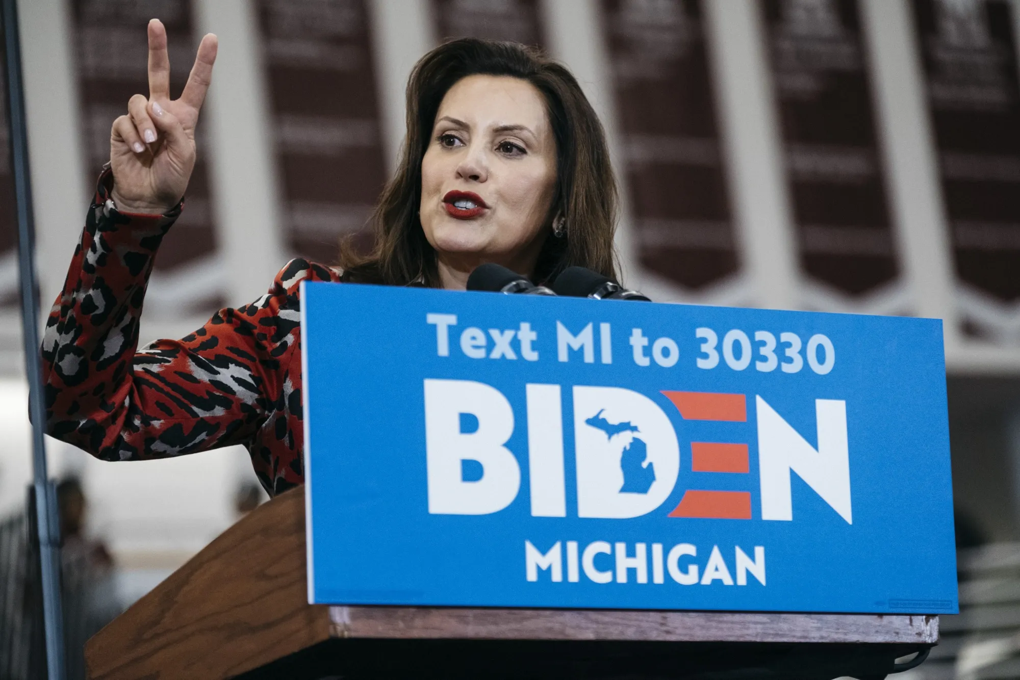 Gretchen Whitmer speaks during a campaign event for Joe Biden in Detroit on March 9.