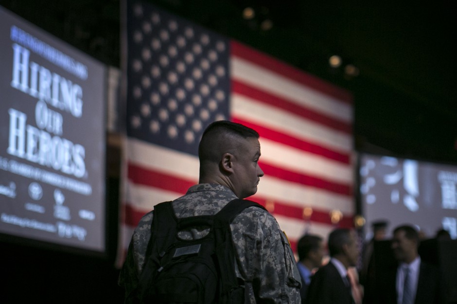 A soldier attends a job fair for veterans in New York.