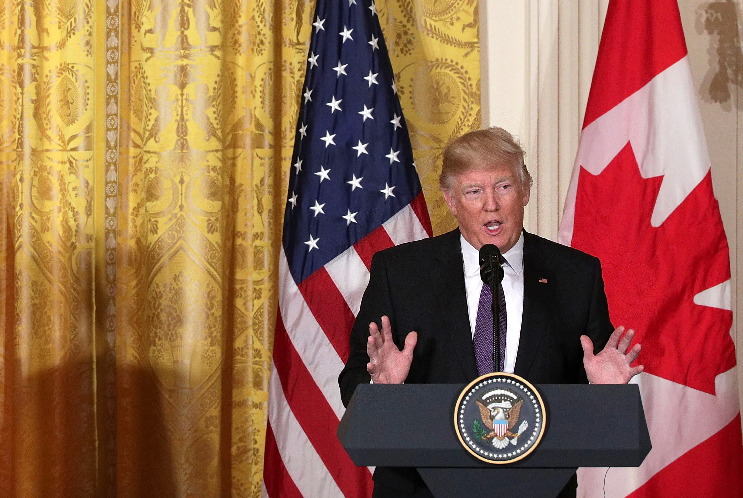 Donald Trump during a joint news conference with&nbsp;Justin Trudeau in 2017 in Washington, DC.&nbsp;
