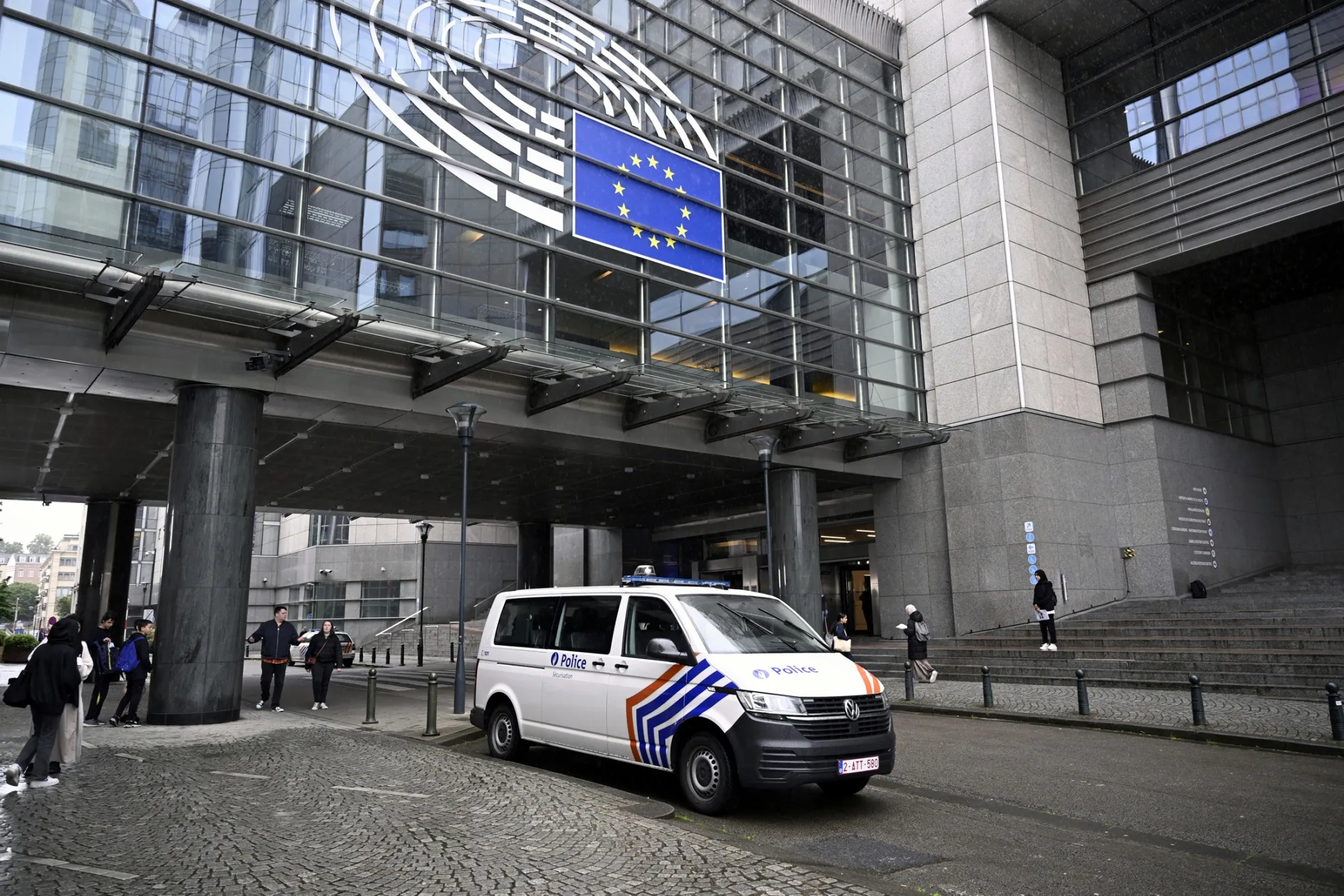 Police outside the European Parliament during a search, in Brussels on May 29.