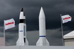 Displays of missiles at the Raytheon International Inc. stand at Farnborough International Airshow.