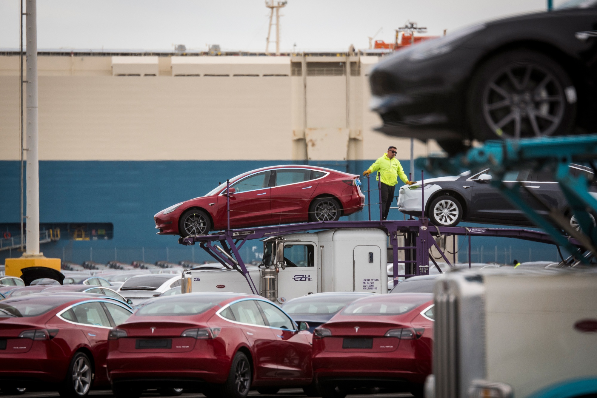 Tesla Inc. vehicles in San Francisco, destined for China.&nbsp;
