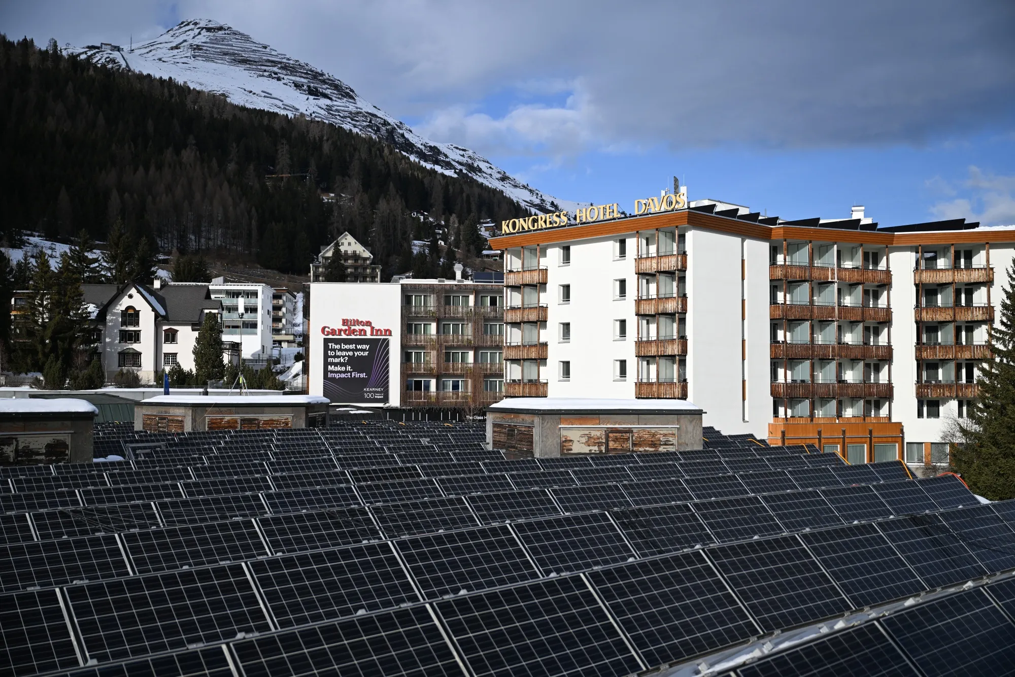 Solar panels near Kongress Hotel Davos ahead of the World Economic Forum (WEF) in Davos, Switzerland, on Monday, Jan. 19, 2026. The annual Davos gathering of political leaders, top executives and celebrities runs from Jan. 19-23.