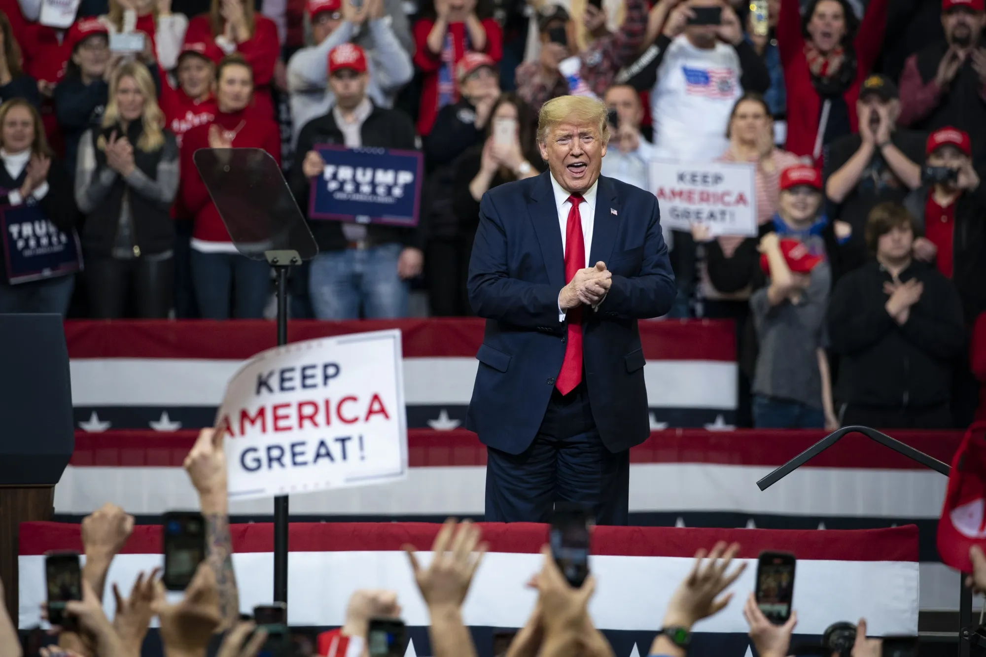 President Trump speaks during a rally in Des Moines, Iowa on Jan. 30.