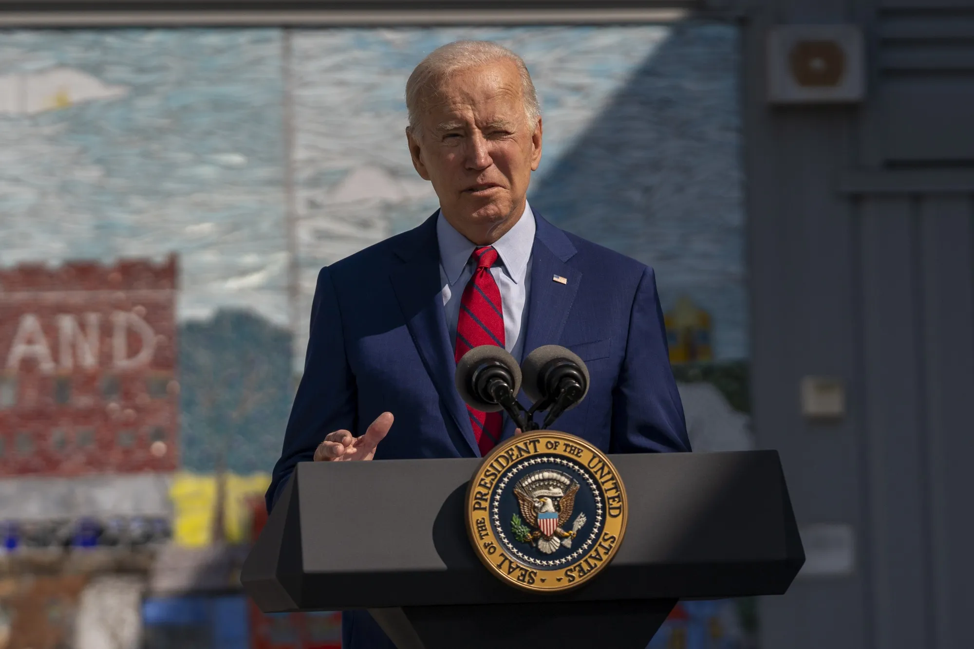 President Joe Biden speaks while visiting Brookland Middle School in Washington on Sept. 10.