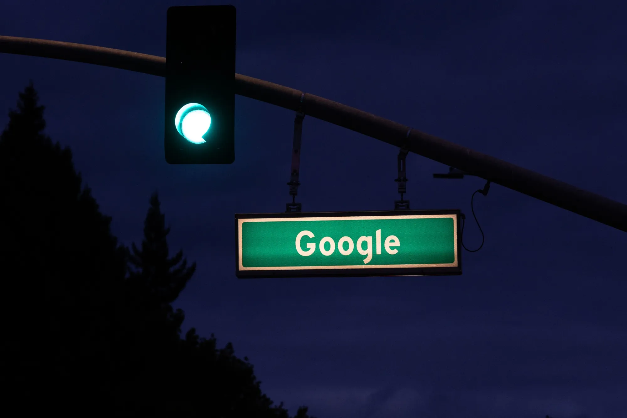 An illuminated “Google” street sign in Mountain View, California.