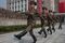 Korean People's Army (KPA) soldiers march to their positions prior to a military parade marking the 105th anniversary of the birth of late North Korean leader Kim Il-Sung, in Pyongyang on April 15, 2017. / AFP PHOTO / ED JONES (Photo credit should read ED JONES/AFP/Getty Images)