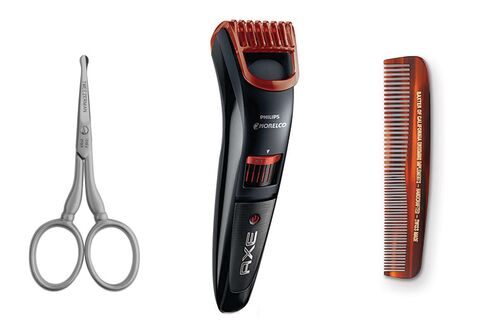 From left: Tweezerman GEAR stainless steel facial hair scissors; Philips Norelco Axe Beard and Stubble Trimmer; Baxter of California beard comb