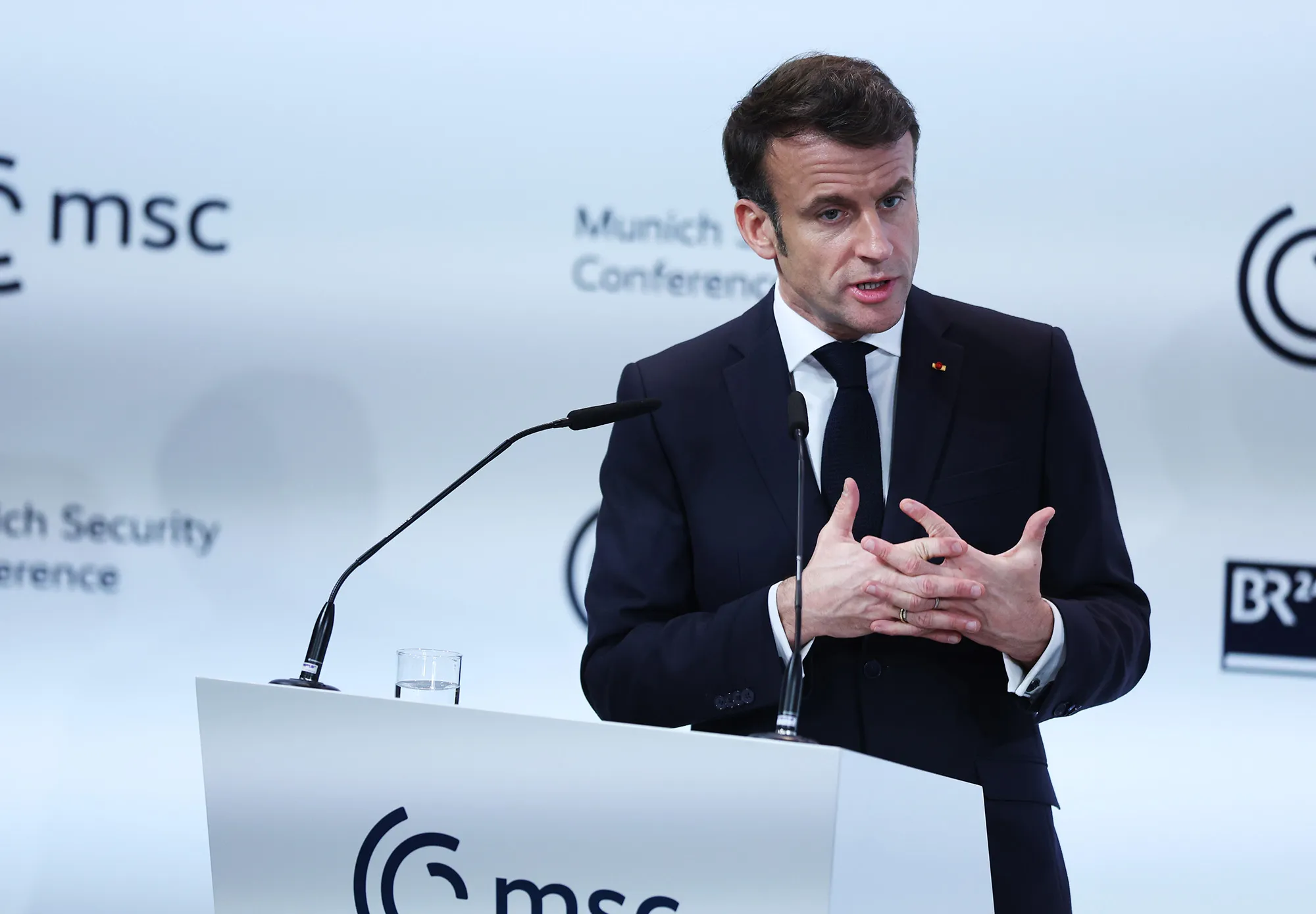 Emmanuel Macron speaks at the 2023 Munich Security Conference&nbsp;on Feb.&nbsp;17.