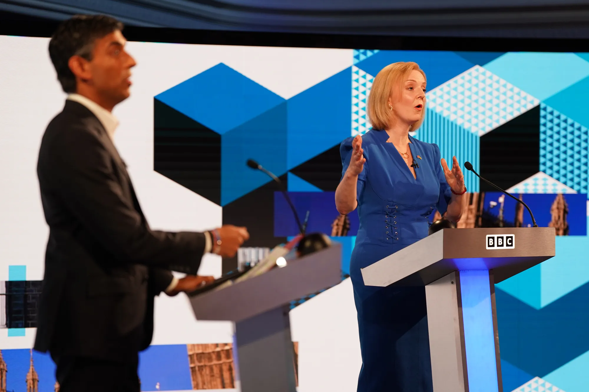 Liz Truss, left, and Rishi Sunak during the BBC Leadership debate on July 25.