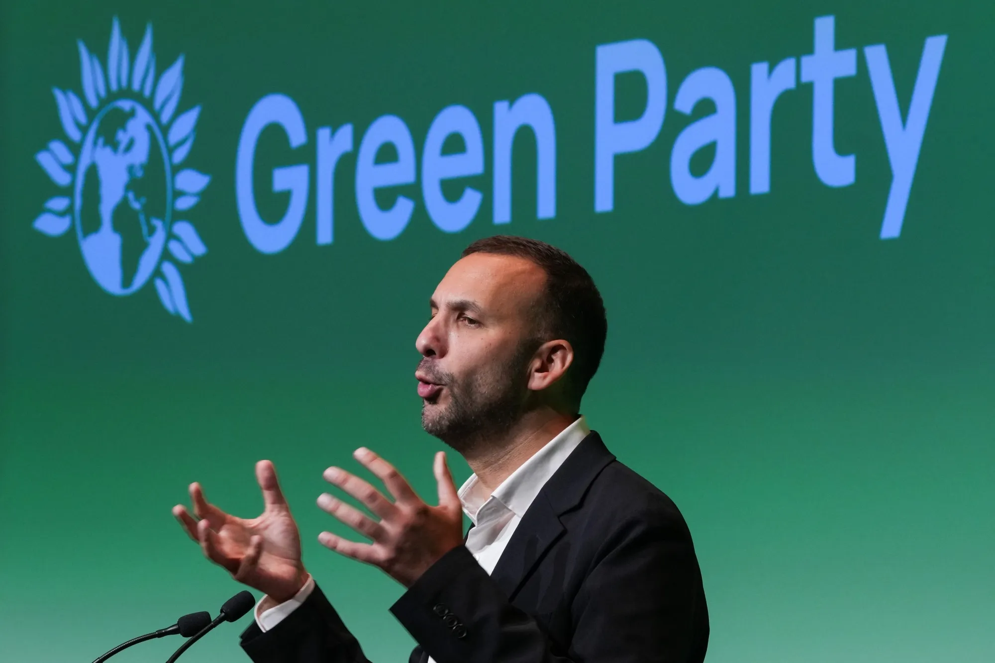 Zack Polanski delivers his keynote speech at the party’s annual autumn conference in Bournemouth, UK, on Oct. 3.