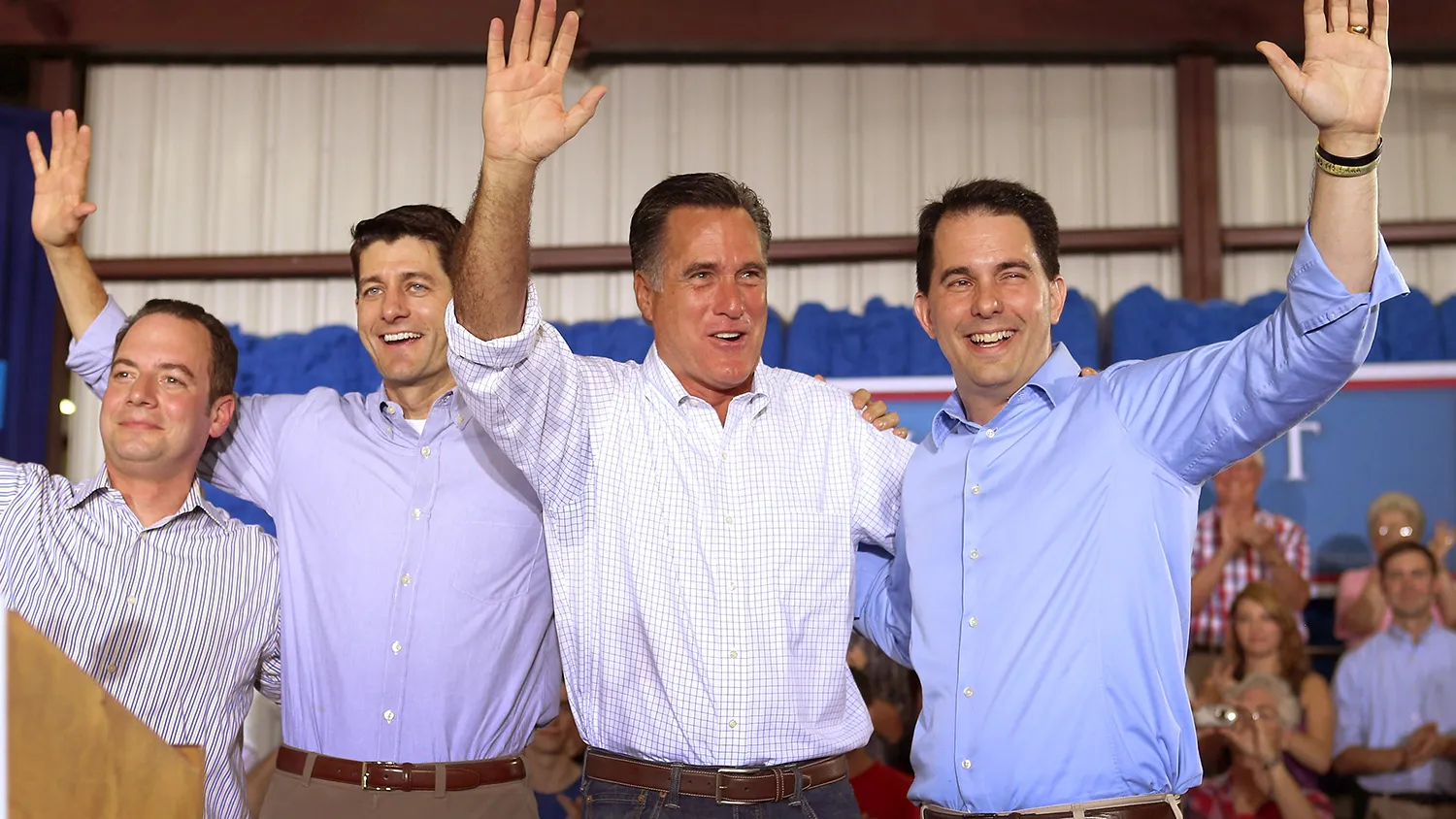 JANESVILLE, WI - JUNE 18: (L-R) Reince Priebus, Republican National Committee chairman, Rep. Paul Ryan (R-WI), Republican presidential candidate, former Massachusetts Gov. Mitt Romney and Wisconsin Governor Scott Walker wave together during a campaign event at Monterey Mills on June 18, 2012 in Janesville, Wisconsin.

