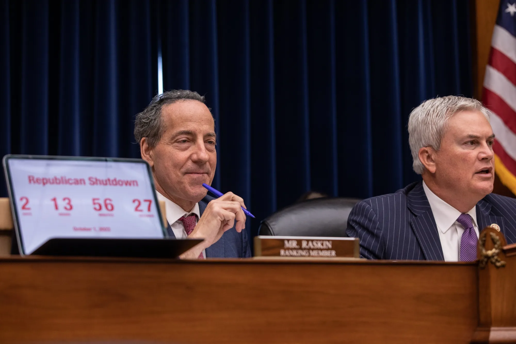 Representatives James Comer, right, and Jamie Raskin during a hearing in Washington, DC, on&nbsp;Sept. 28.