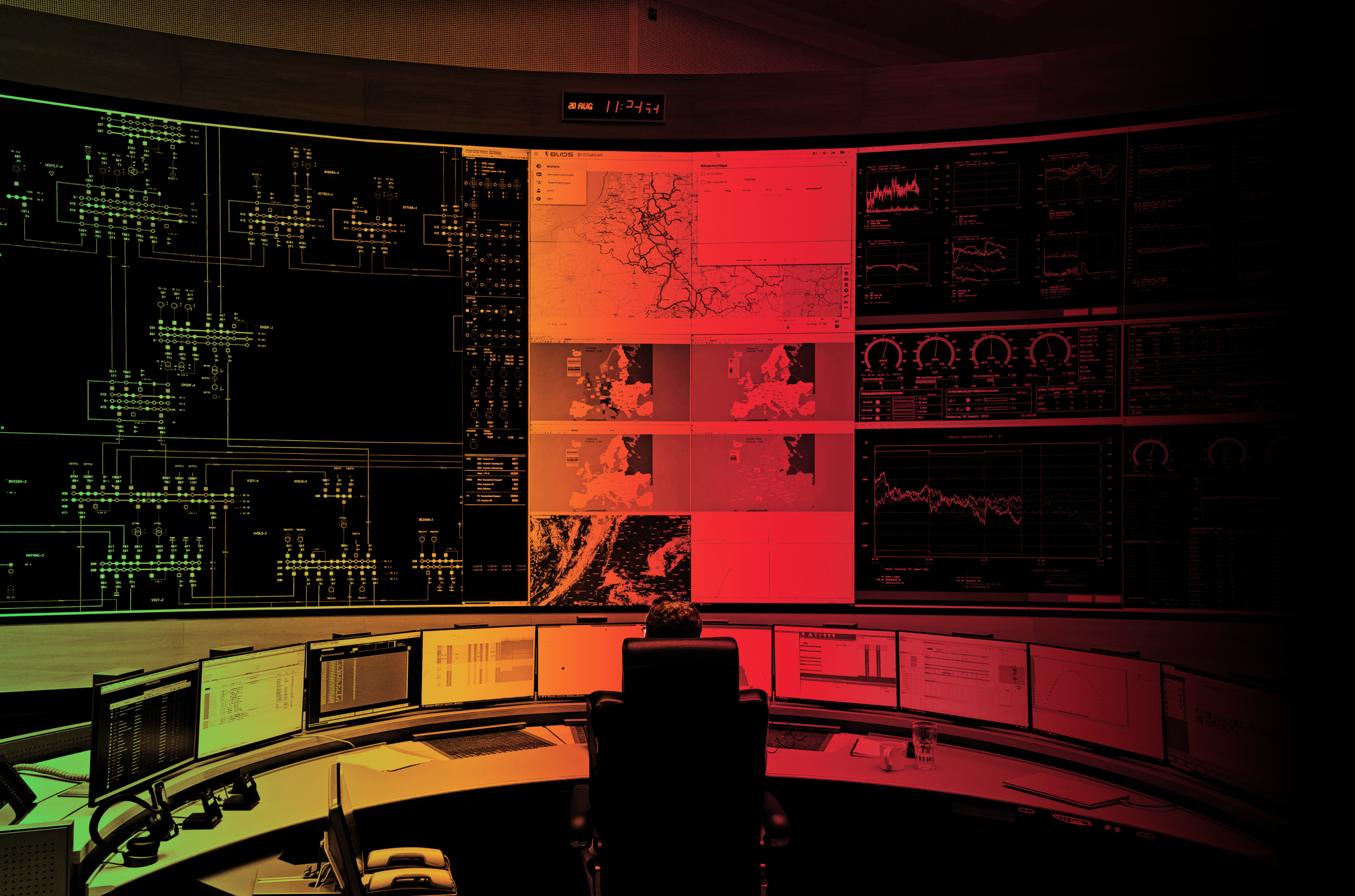 An operator sits at a curved desk surrounded by multiple computer monitors and a large wall of screens displaying electrical grid diagrams, maps of Europe, weather patterns, and live data charts, inside an Amprion facility in Germany