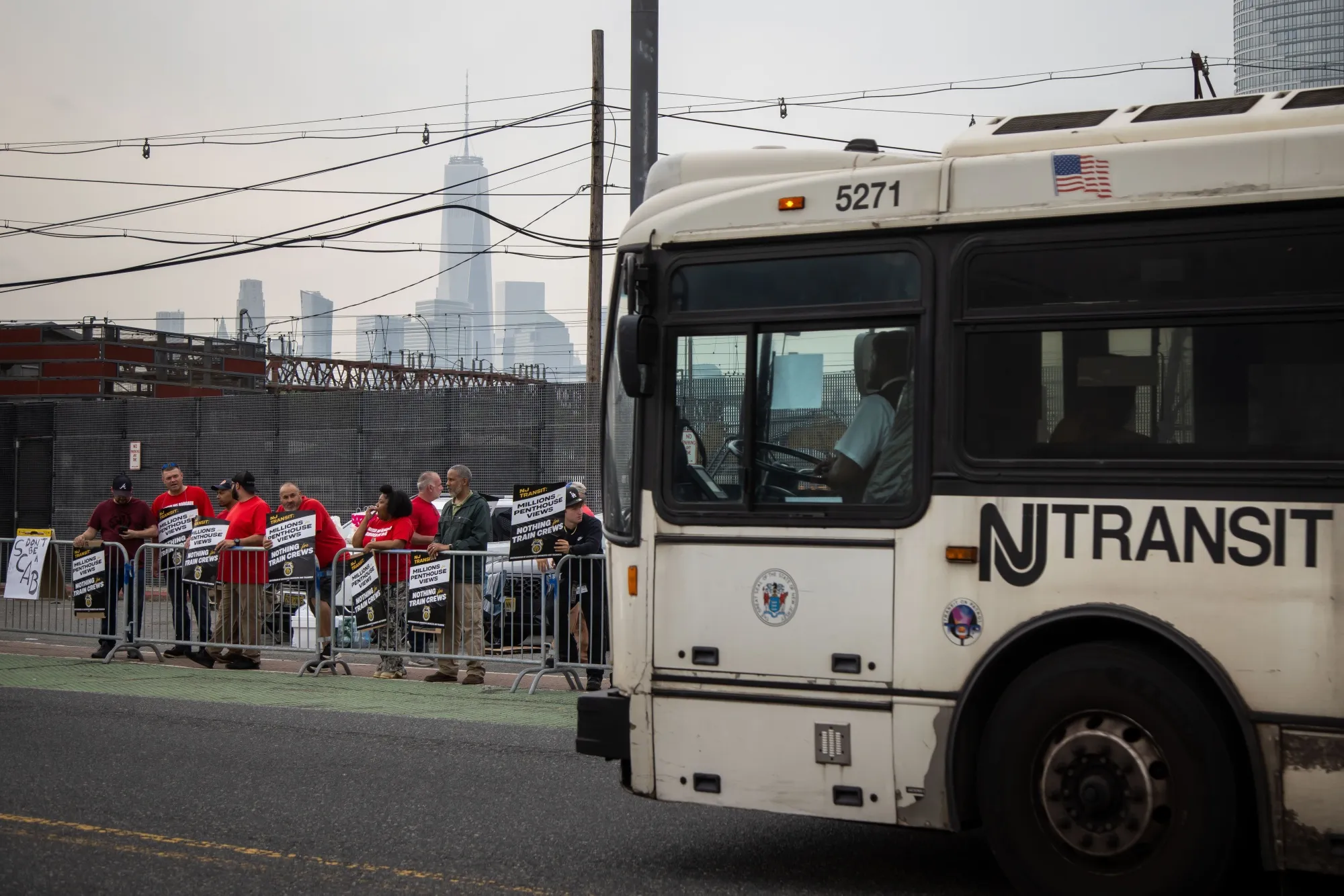Members of the Brotherhood of Locomotive Engineers and Trainmen picket outside of the Hoboken Terminal during a strike in Hoboken, New Jersey,&nbsp;on&nbsp;May 16.