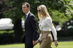 Jared Kushner and Ivanka Trump walk on the South Lawn of the White House to board Marine One on June 1, 2018.