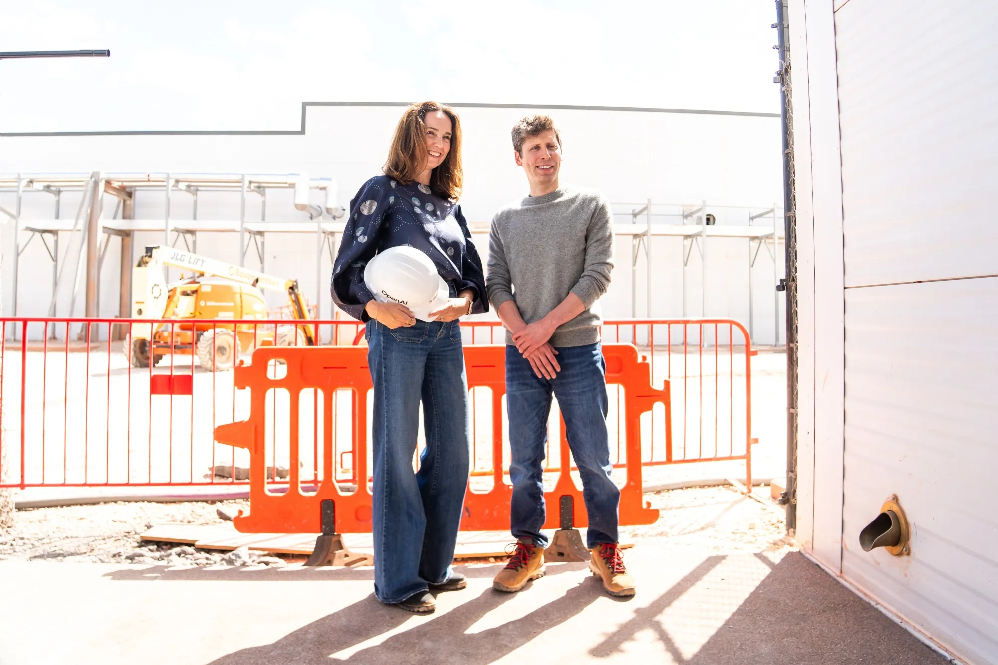 Sarah Friar, chief financial officer of OpenAI Inc., left, and Sam Altman, chief executive officer of OpenAI Inc., during a media tour of the Stargate AI data center in Abilene, Texas, US, on Tuesday, Sept. 23, 2025.&nbsp;