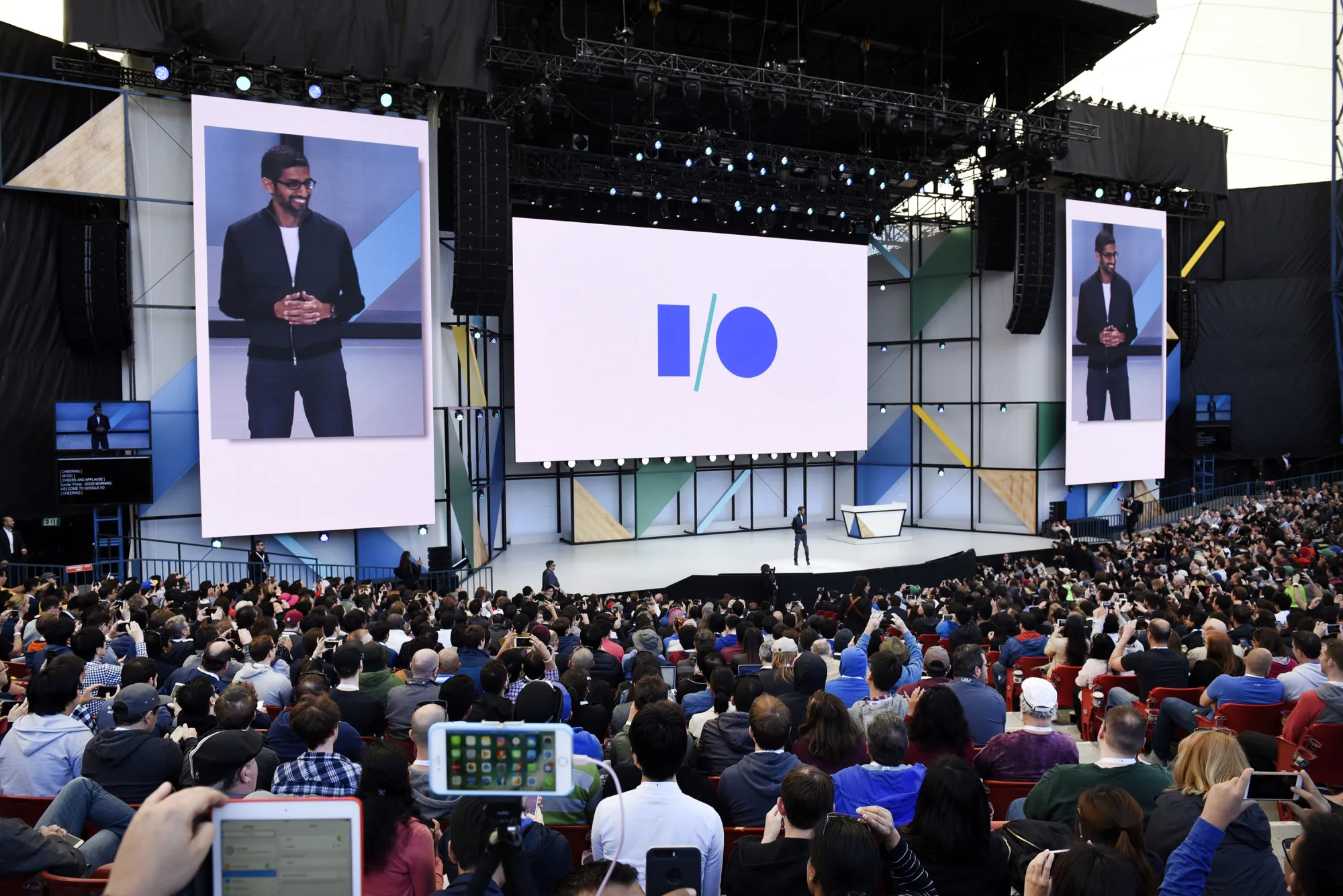 Sundar Pichai at the Google I/O Annual Developers Conference on May 17.