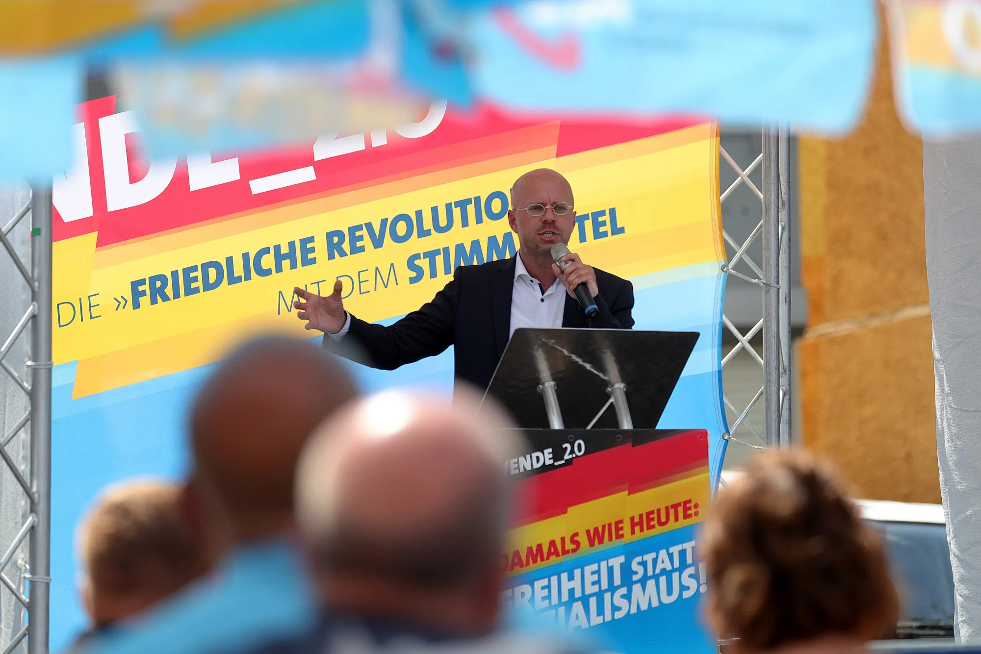 Andreas Kalbitz, AfD&nbsp;candidate in Brandenburg state election, speaks during an event on Aug. 3.