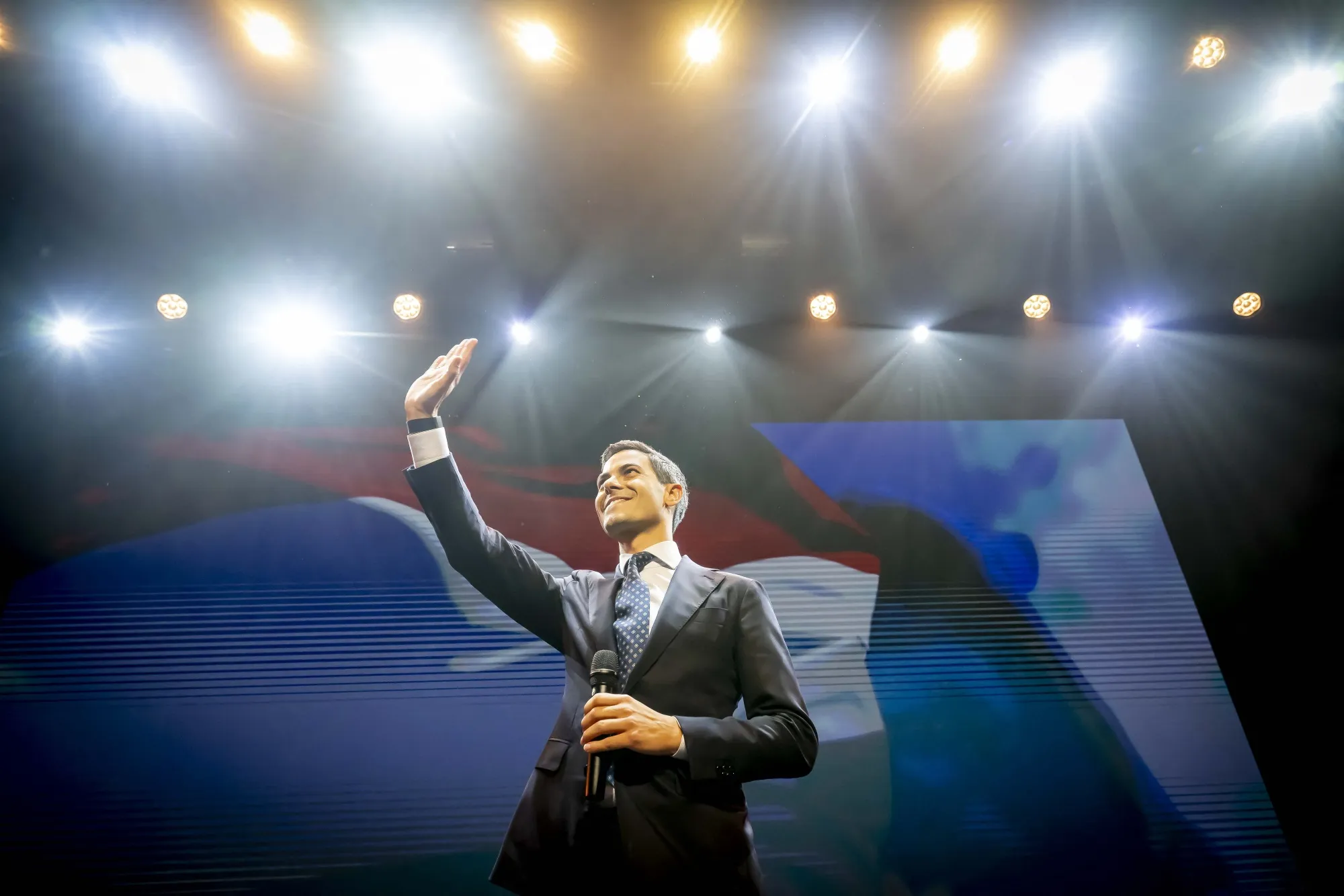 Rob Jetten following the announcement of the Dutch parliamentary exit poll in Leiden on Oct. 29.