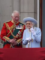 Charles, then Prince of Wales, and Queen Elizabeth II, watch a fly-past from the balcony of Buckingham Palace as part of the Platinum Jubilee celebrations in London&nbsp;on June 2, 2022.