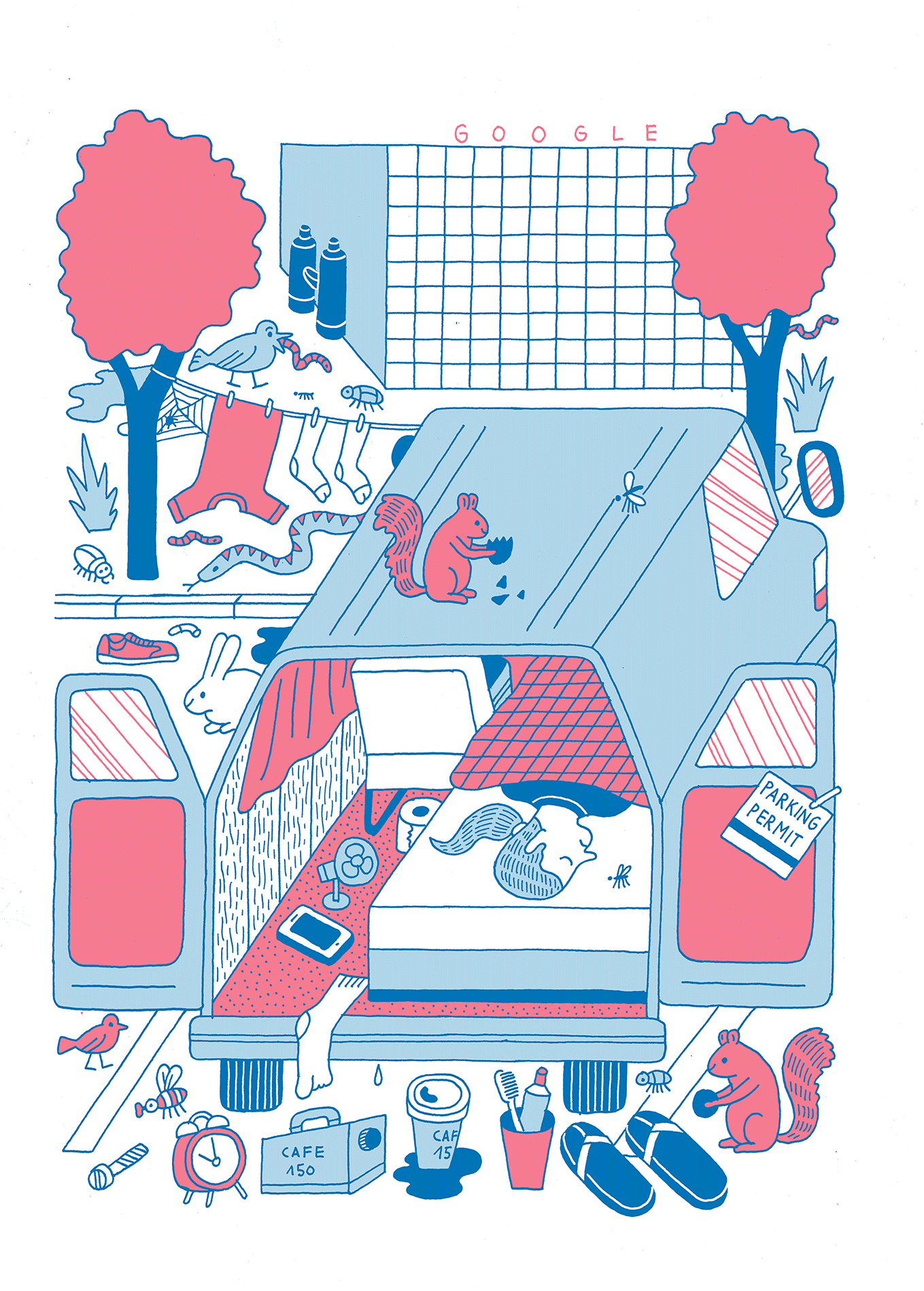 The van had a twin mattress on a sawed-off Ikea frame with built-in shelves underneath, handmade green curtains, wood panels, and blue velour. “The thing is a V8. I’d shred my environmental credentials if I drove it,” says Discoe.