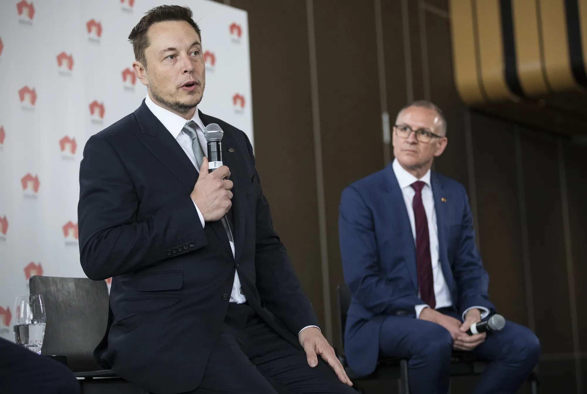 Elon Musk and Jay Weatherill attend a press conference at the Adelaide Oval in Adelaide, South Australia, Australia, on July 7, 2017.
