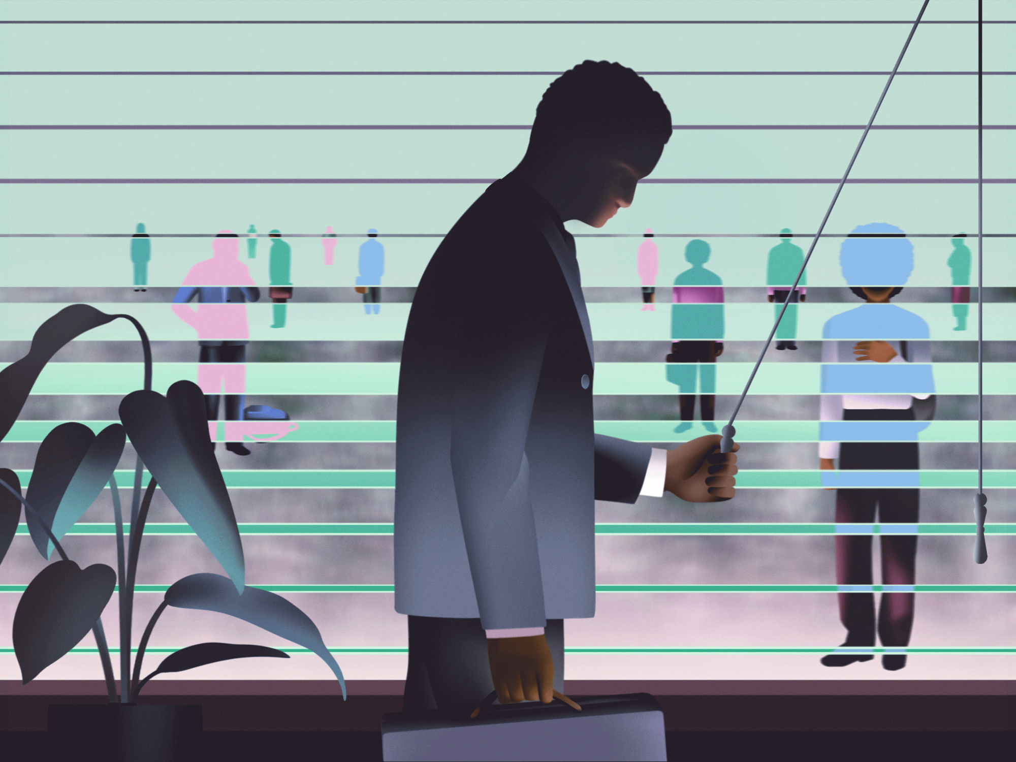 Illustration of a black person with their back slouched down, holding a suitcase and turning the knob to close venetian blinds. Silhouettes of workers who appear to be black or brown individuals with a body posture eliciting sadness are seen on the other side of the blinds.