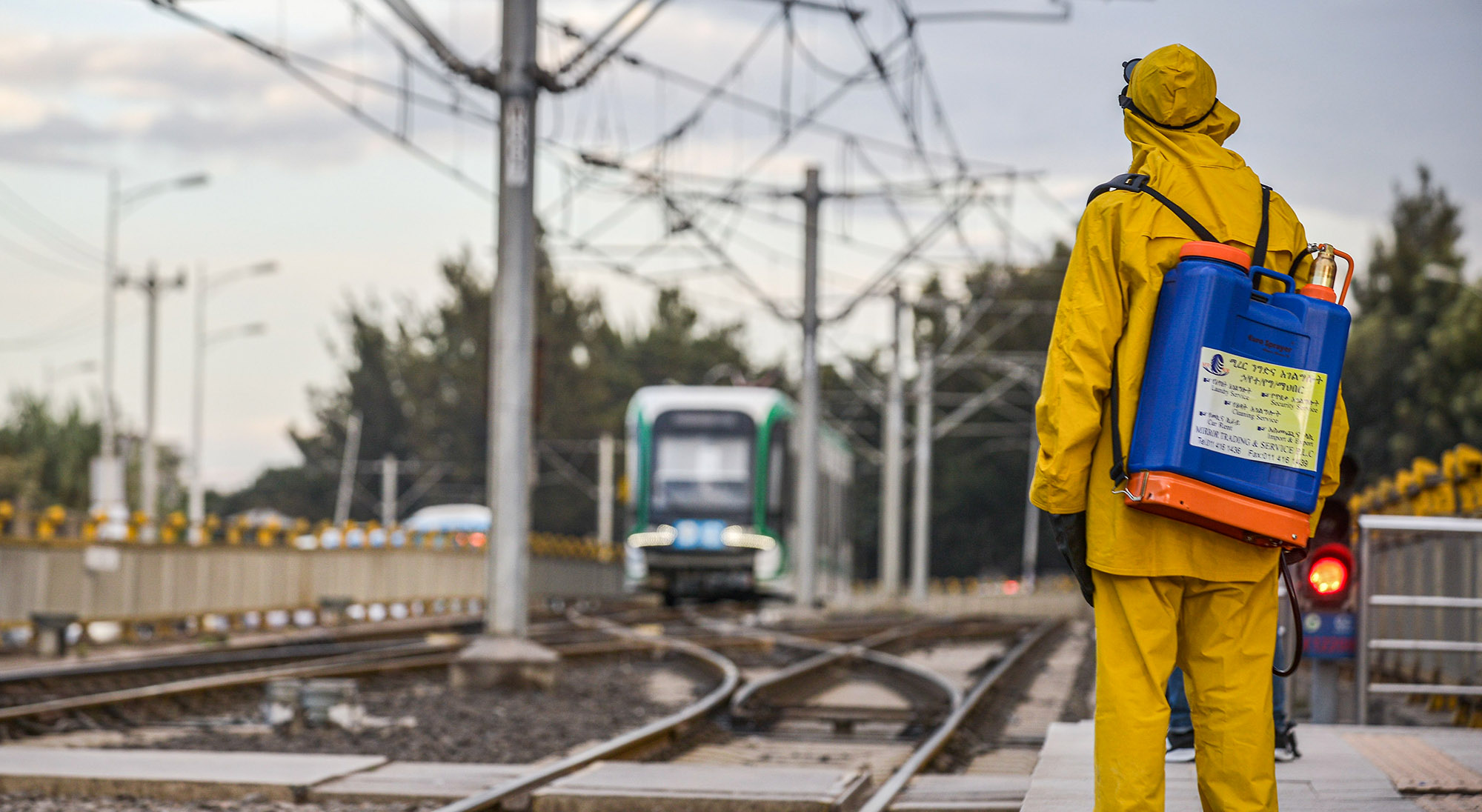A worker waits to disinfect a metro carriage&nbsp;in Addis Ababa, Ethiopia, on March 20.