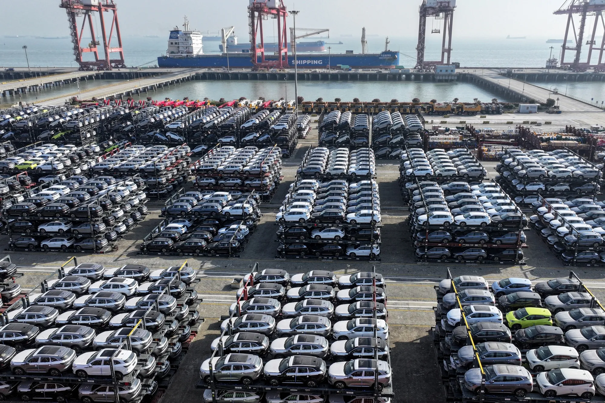 BYD electric vehicles bound for export in China.