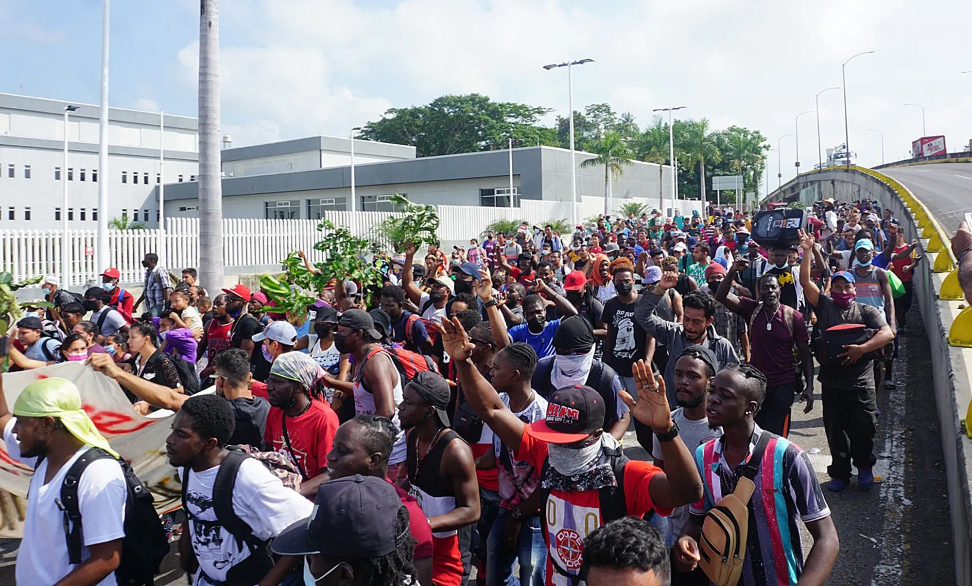 Migrants in a caravan depart toward the United States from Tapachula, in the south of Mexico, on&nbsp;Aug. 28.
