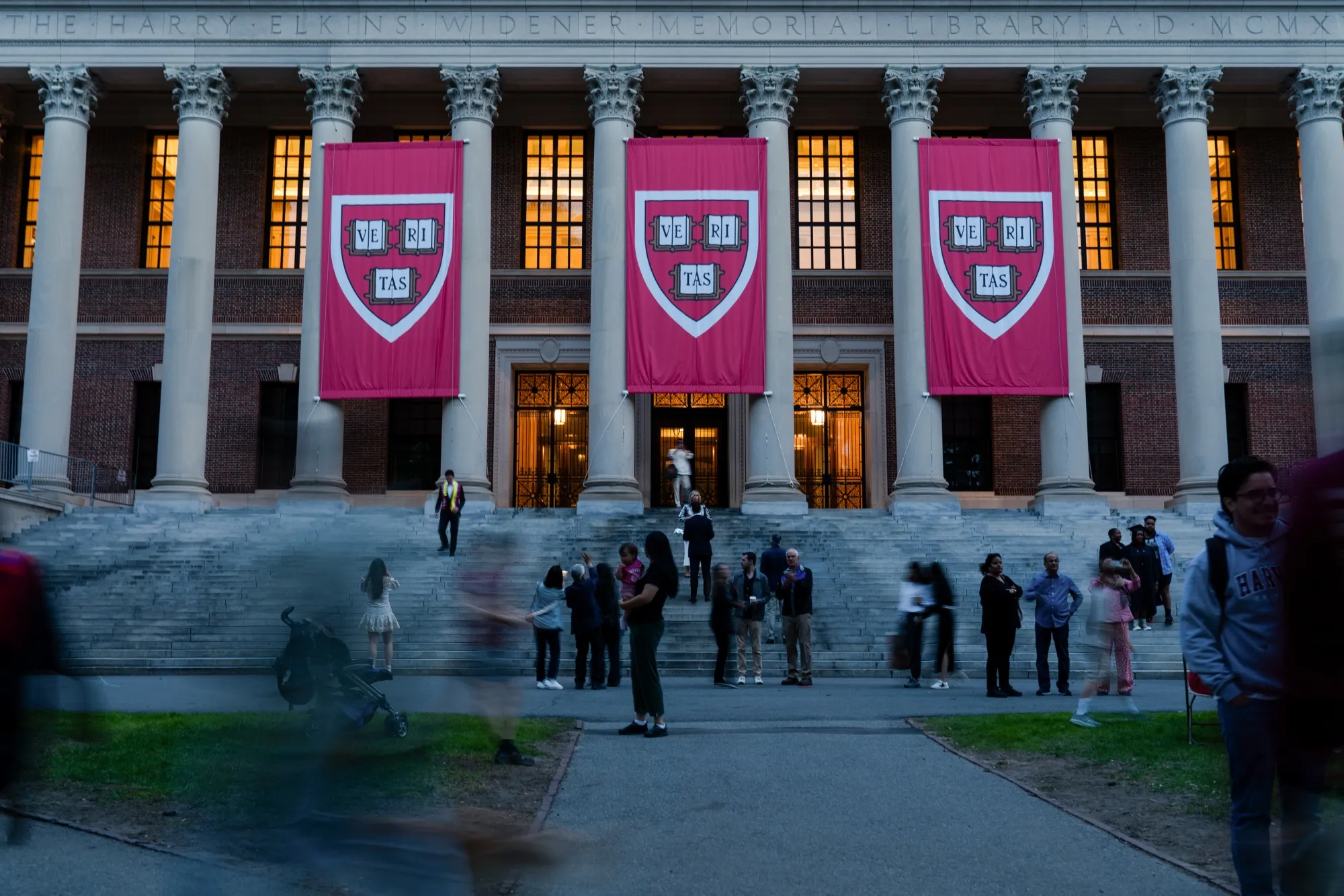 Banners on the Harry Elkins Widener Memorial Library at the Harvard University campus in Cambridge, Massachusetts.
