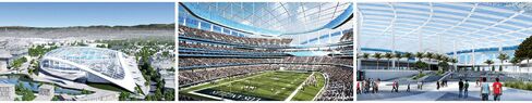 Artists’ renderings of the 80,000-seat football stadium Kroenke plans to build in Inglewood.