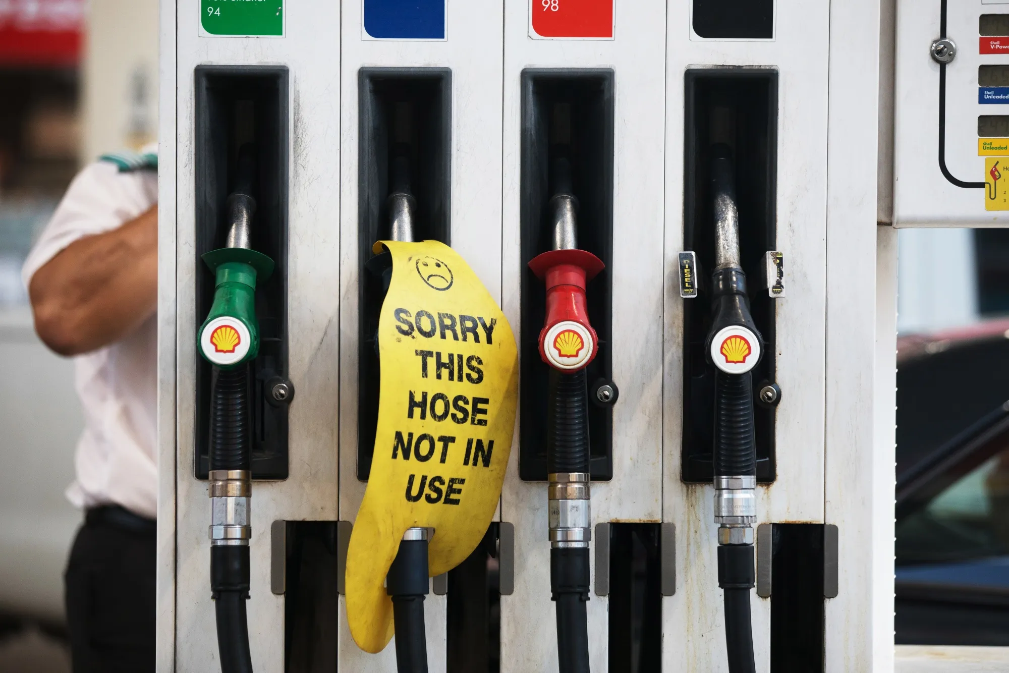 A ‘Sorry This Hose Not In Use’ sign covers a pump at a Shell petrol station in Sydney, Australia, on Wednesday, March 25, 2026.