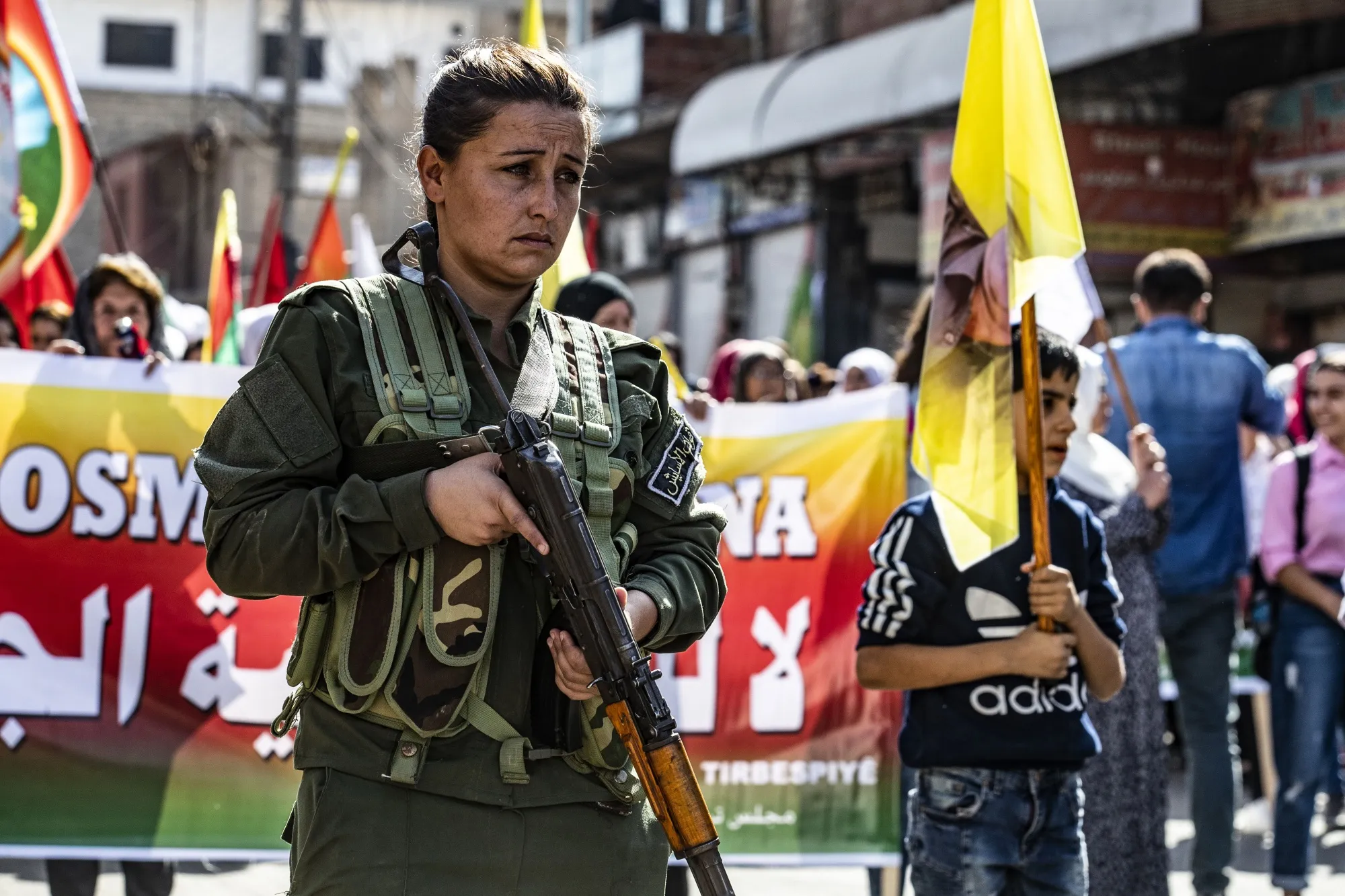 Kurdish security personnel during an anti-Turkey protest in northeastern Syria’s Al-Hasakah Governorate, on Oct. 7.