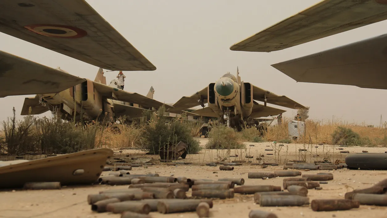 A view of former Syrian army MiG-23 fighter jets at the Abu Duhur military airport, the last regime-held military base in northwestern Idlib province.
