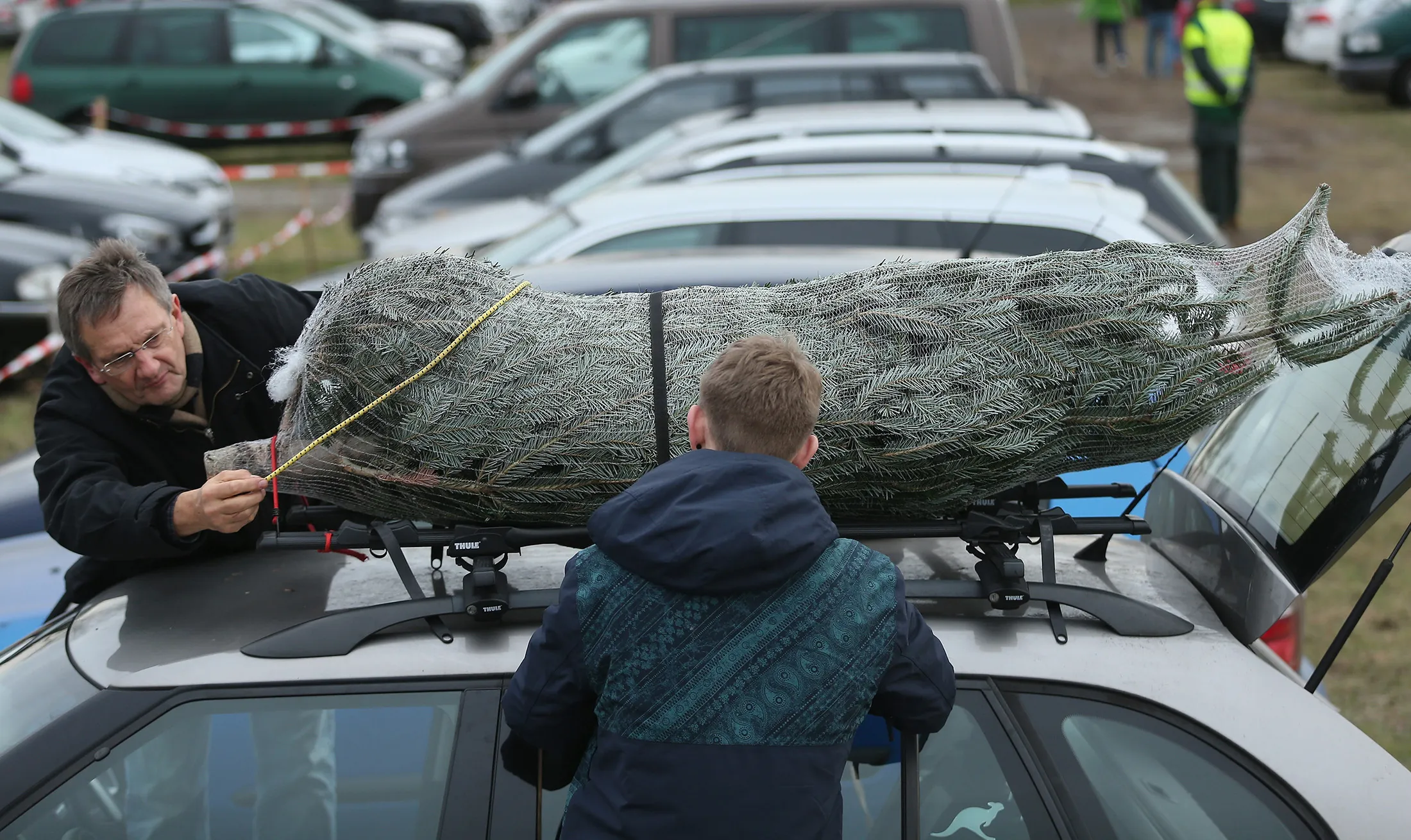 People fasten a Christmas tree to their car at the Werderaner Tannenhof Christmas tree farm in Werder, Germany.
