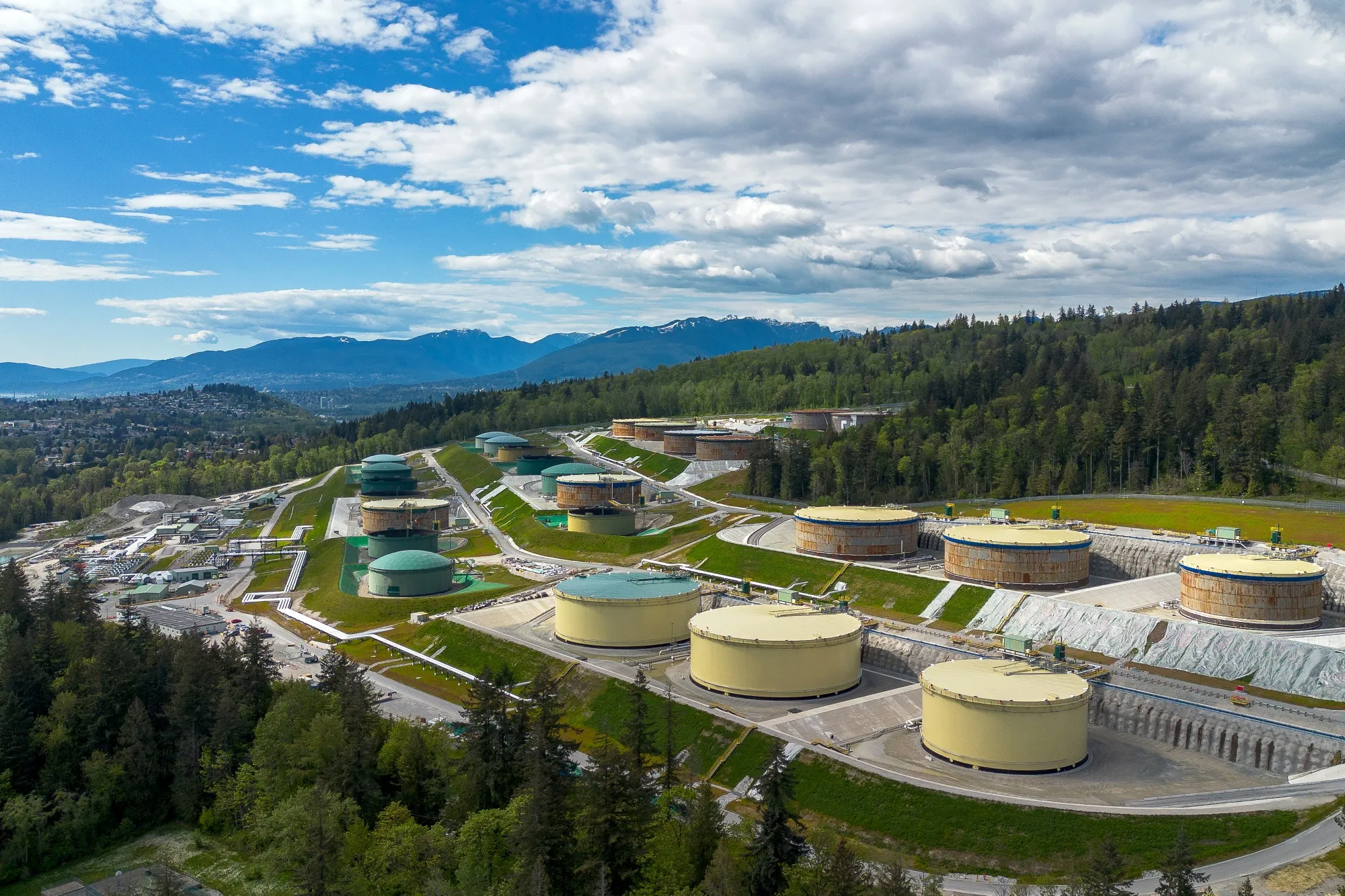 Storage tanks at the Burnaby Terminal at the end point of the Trans Mountain Pipeline System in Burnaby, British Columbia.