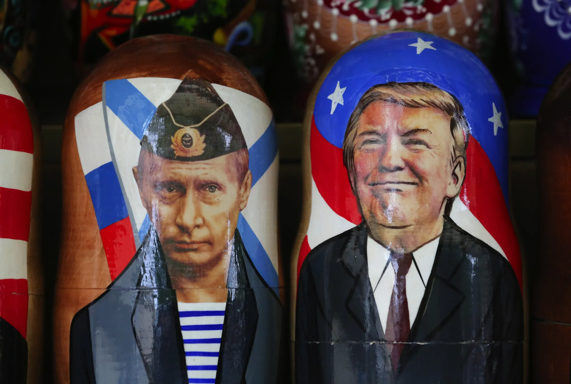 Souvenir matryoshka dolls depicting Vladimir Putin, left, and Donald Trump, on display at a tourist stall in Saint Petersburg.