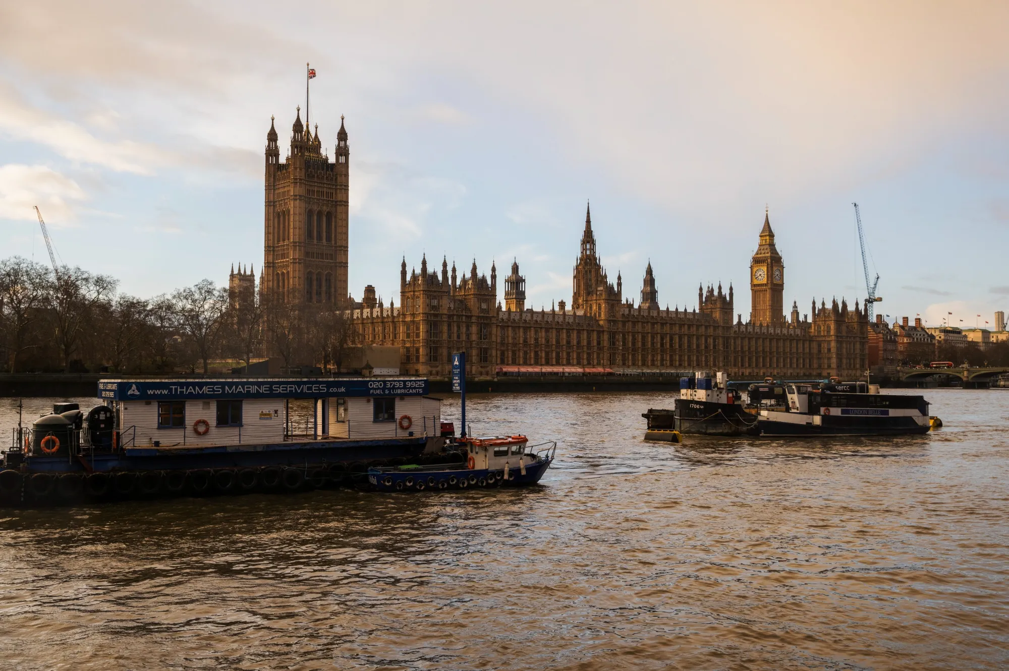 The Houses of Parliament on the River Thames in London.