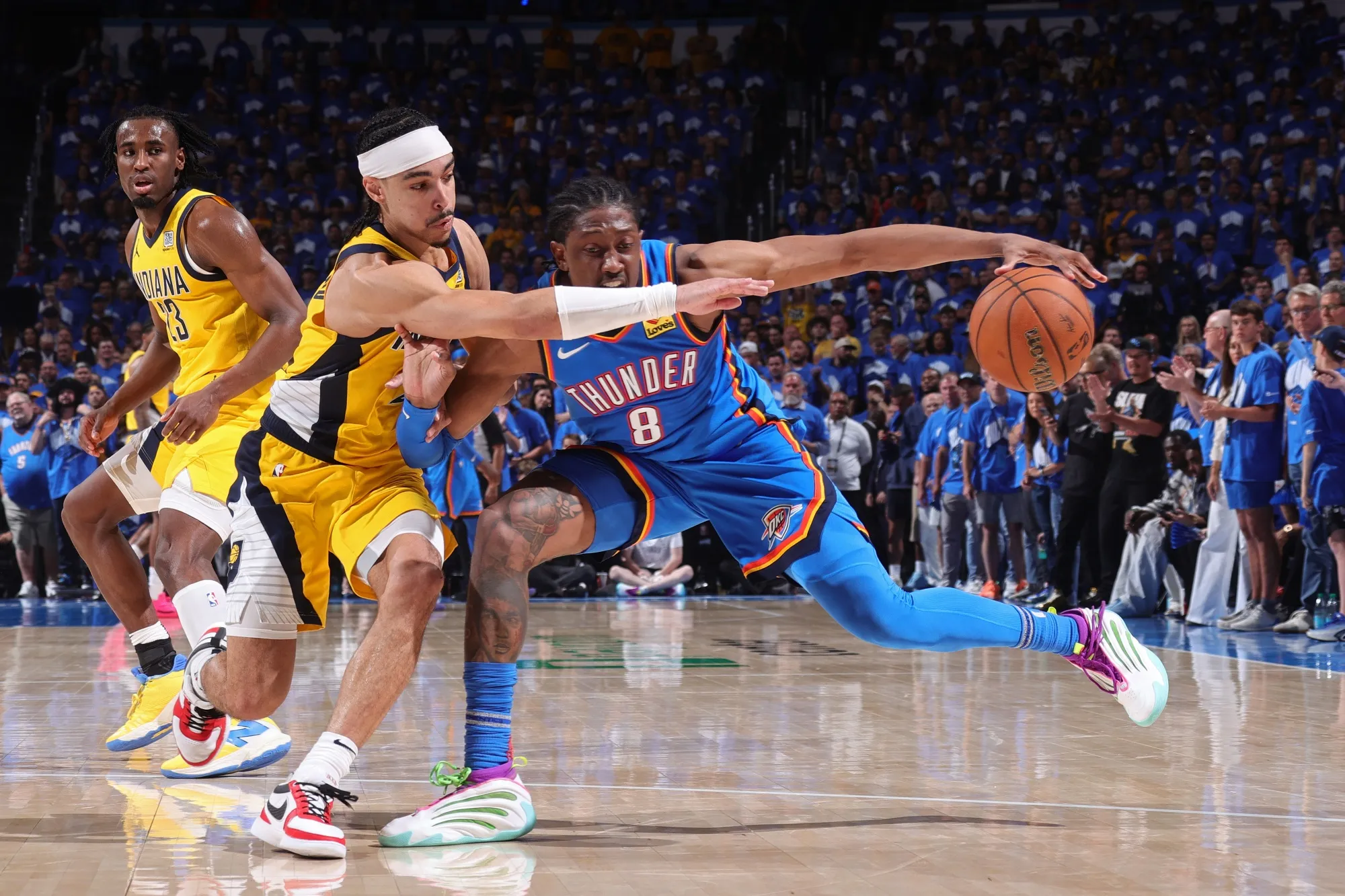 Andrew Nembhard of the Indiana Pacers plays defense during the game against Jalen Williams of the Oklahoma City Thunder during Game Seven of the 2025 NBA Finals on June 22.