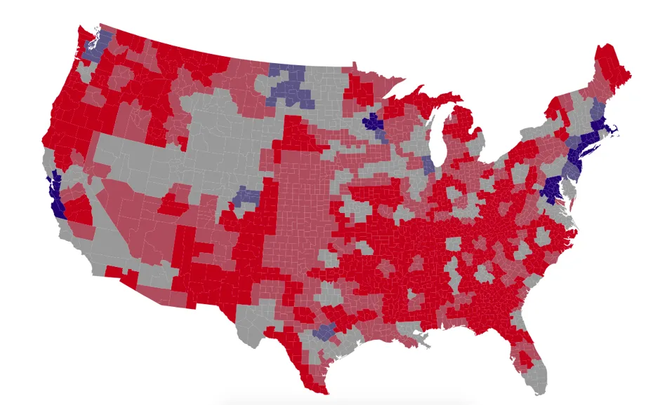 The United States is increasingly losing its middle income regions, indicated in gray on this map.