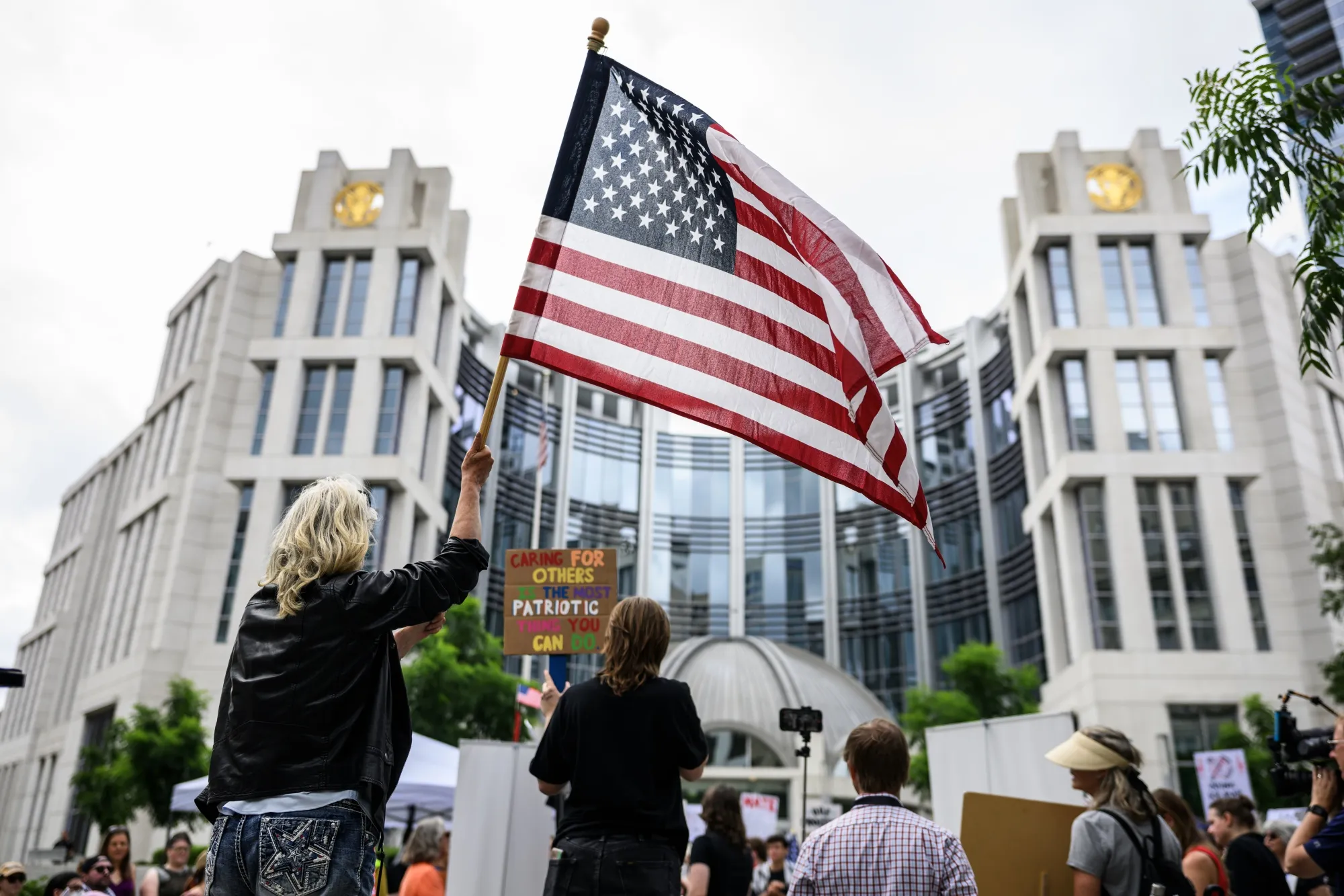Protesters rally outside of the Fred Thompson U.S. Courthouse and Federal Building in&nbsp;Nashville during a rally for Kilmar Abrego Garcia on June 13.