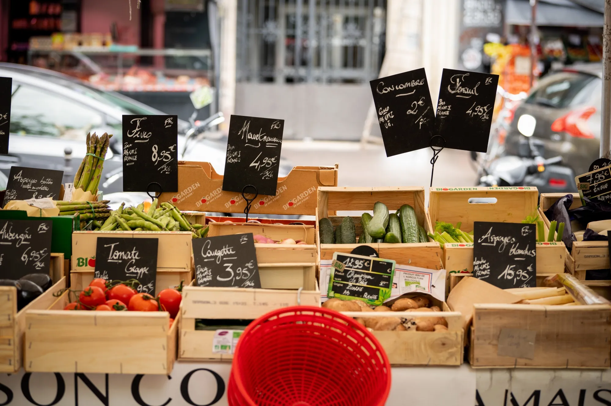 Fresh produce for sale at a street market in Paris.