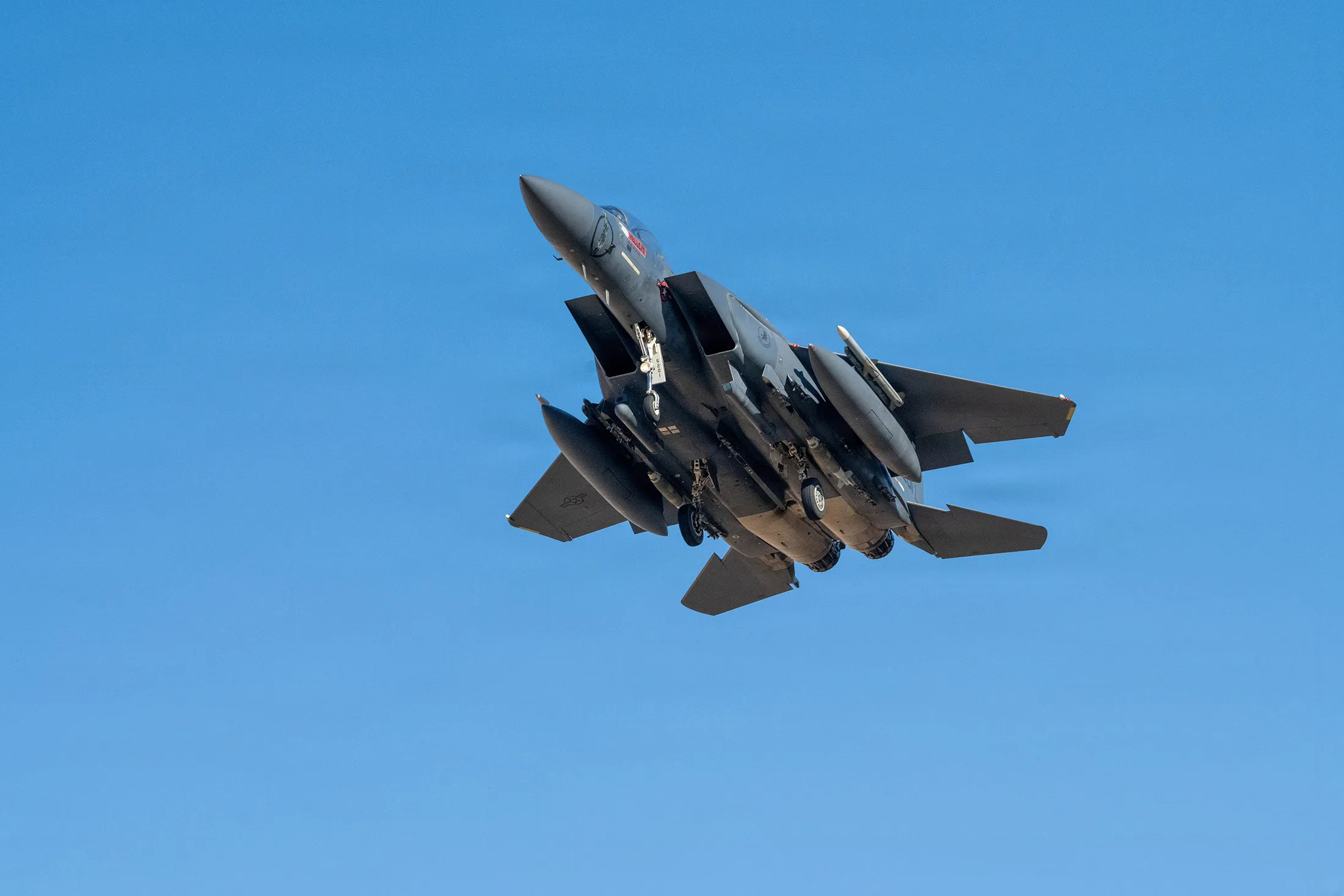 A USAF F-15E Strike Eagle aircraft takes off for a mission during Operation Epic Fury, in this photograph released by the US Air Force via DVIDS, on March 9, 2026.