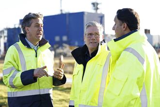Ed Miliband, left, and Keir Starmer at a gas terminal in Peterhead, Scotland.