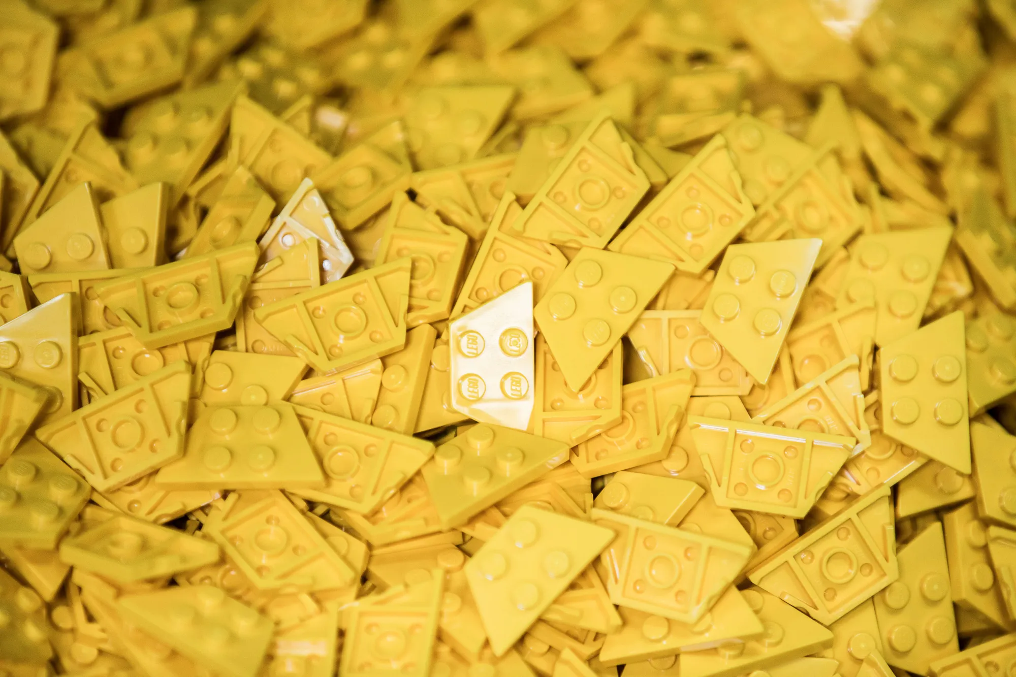 Lego toy bricks sit in a container after moulding on the production line at the Lego A/S plant, in Nyiregyhaza.