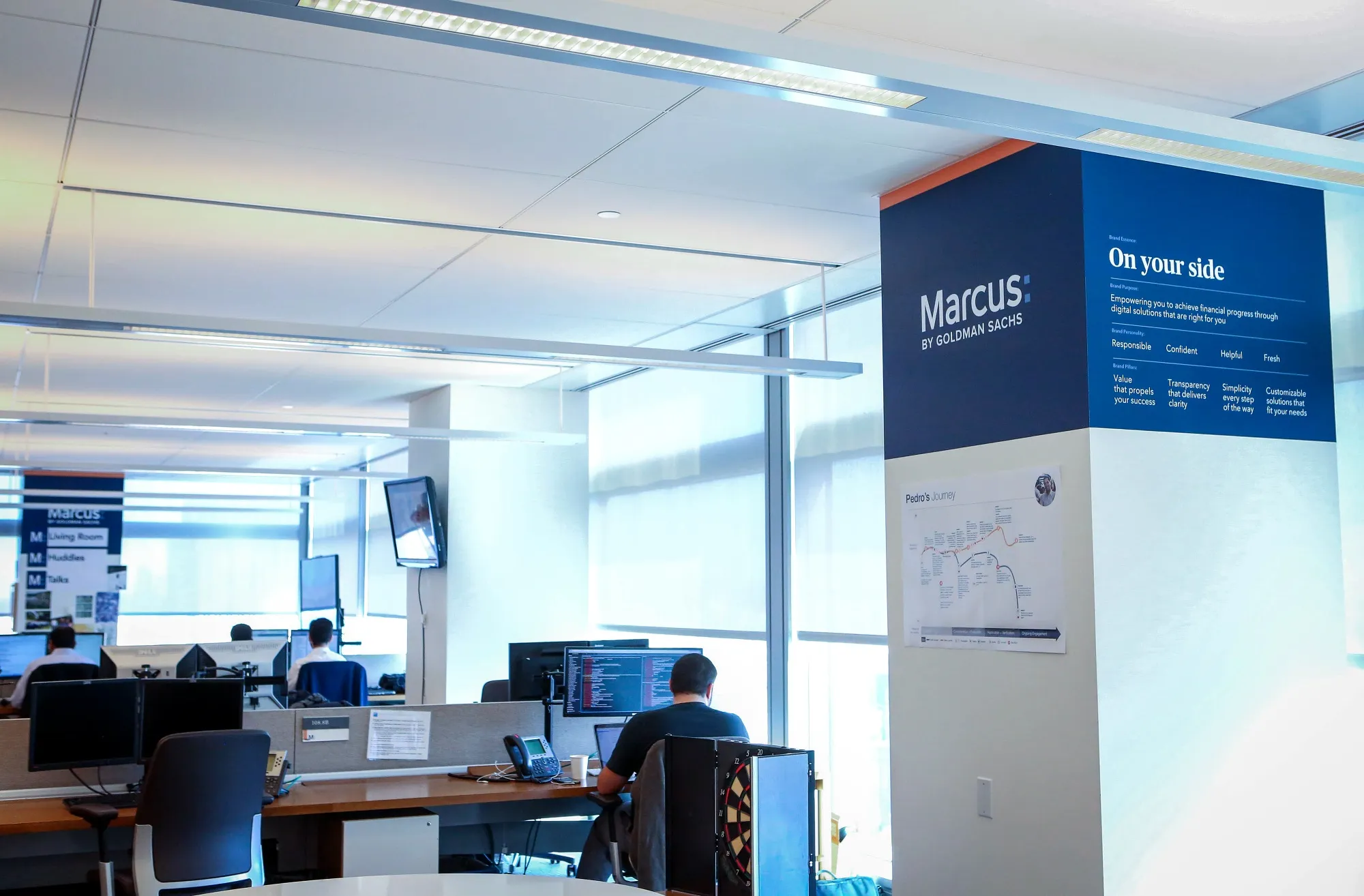 Employees work on the Marcus by Goldman Sachs Group&nbsp;floor of the bank's headquarters in New York.