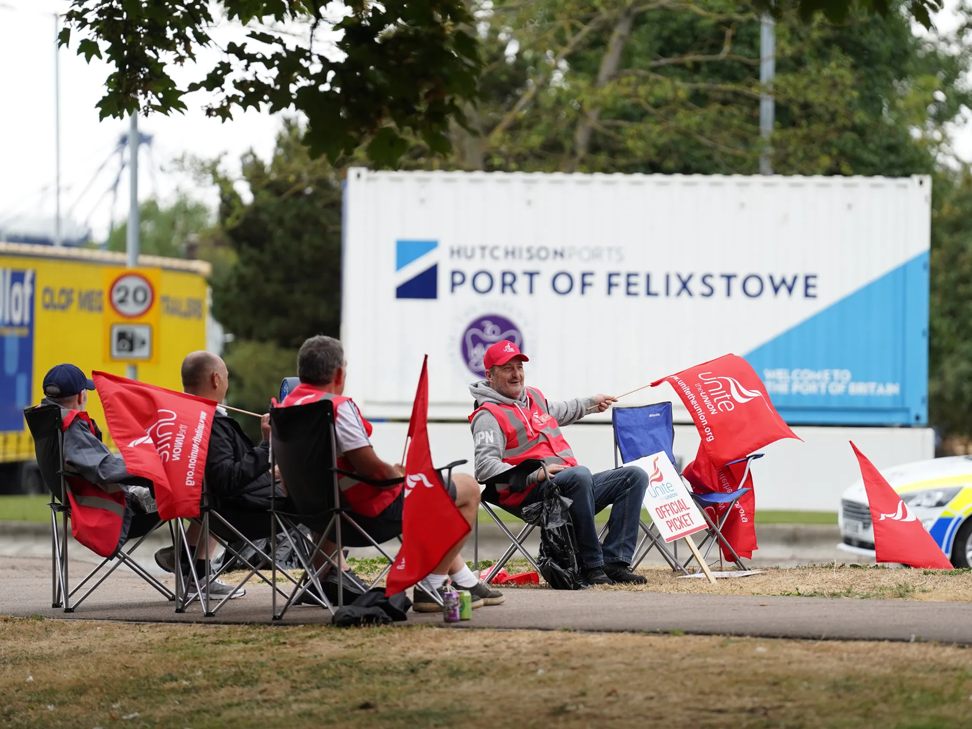 Unite union members on a picket line at the Port of Felixstowe, UK, on Aug. 23.
