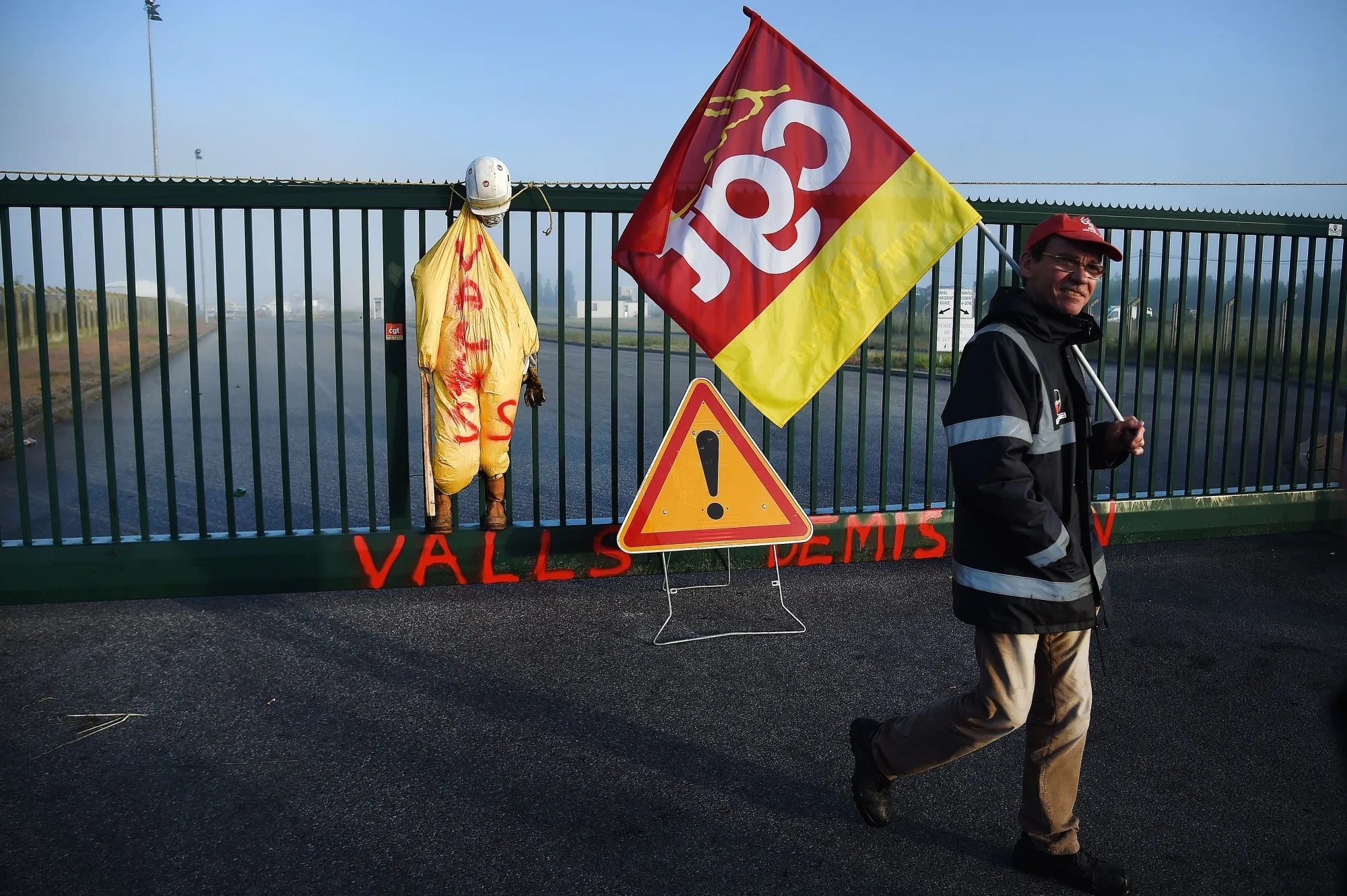 Protesters block access to an oil depot in western France on May 27.
